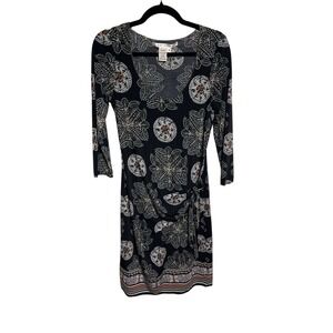 Max Studio Medium Black Floral Print Wrap Dress‎ Stretch Knit Boho Chic Stylish